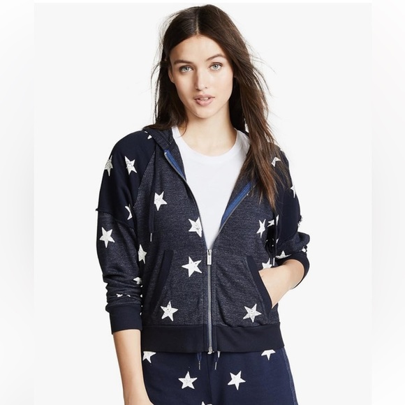 Splendid Tops - Splendid Star Print Zip Up Hoodie Hooded Sweatshirt Size Small Navy Blue White
